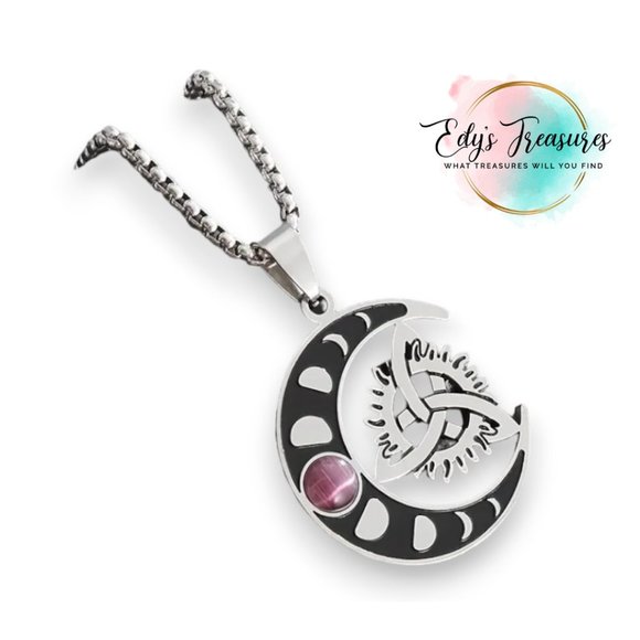 Crescent Moon Celtic Knot Necklace with Purple Gemstone NWOT - Picture 1 of 4